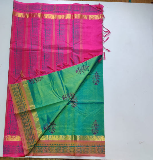 Handloom silk cotton Saree hand block printed in Rama green