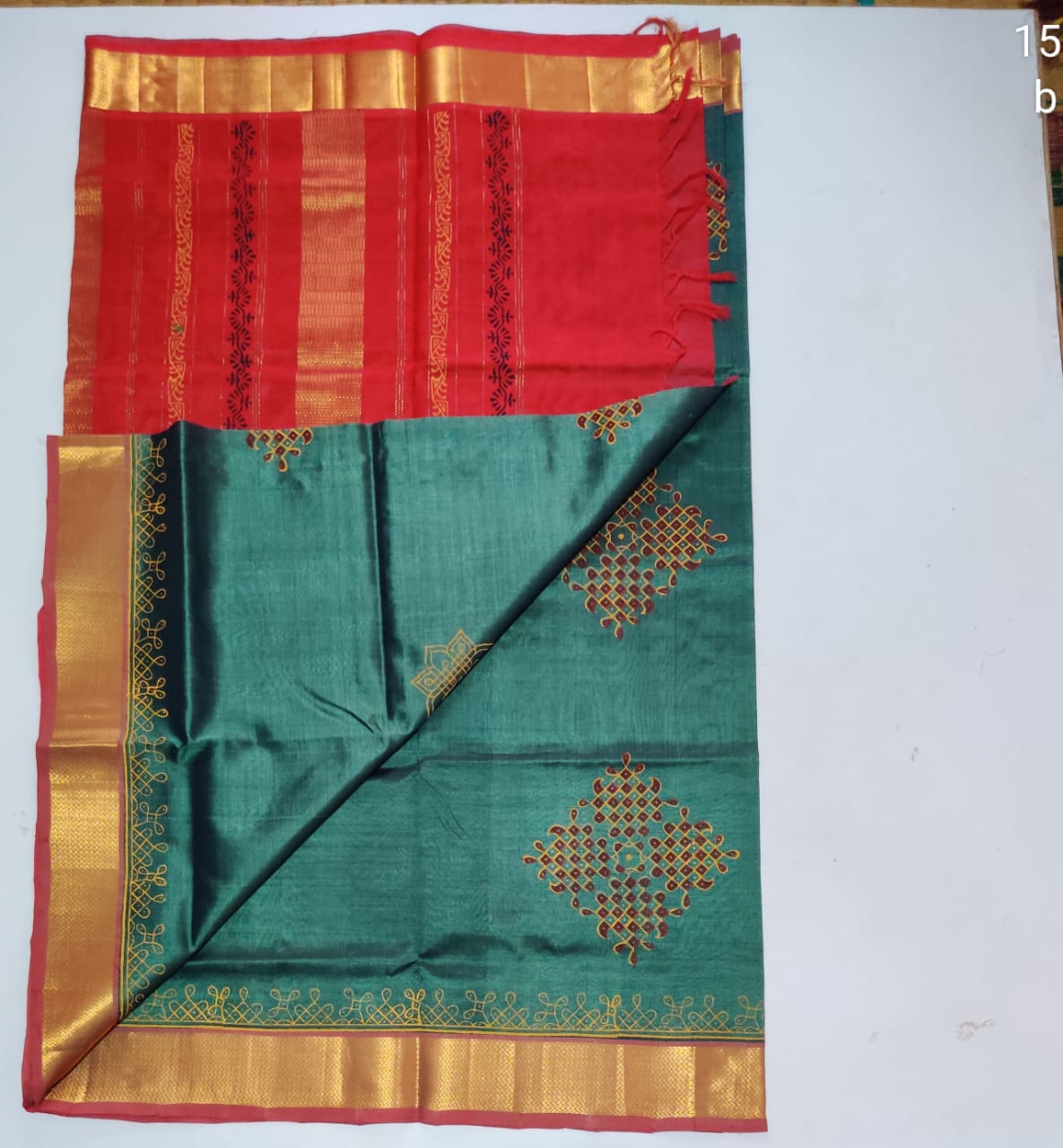 Handloom silk cotton Saree hand block printed in Rama green