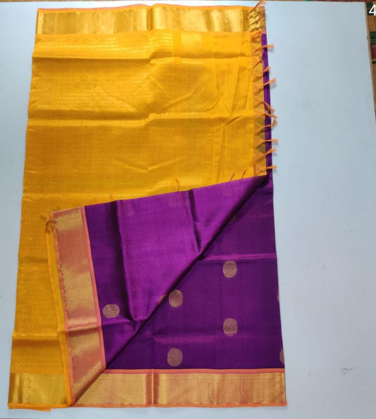 Handloom silk cotton Saree with coin butti purple with turmeric yellow 