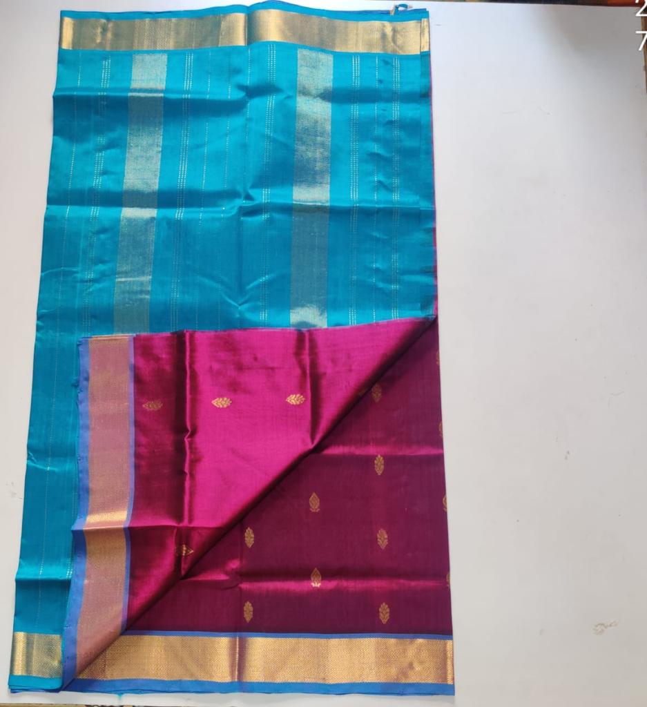 Handloom silk cotton Saree with butti meganta and light blue