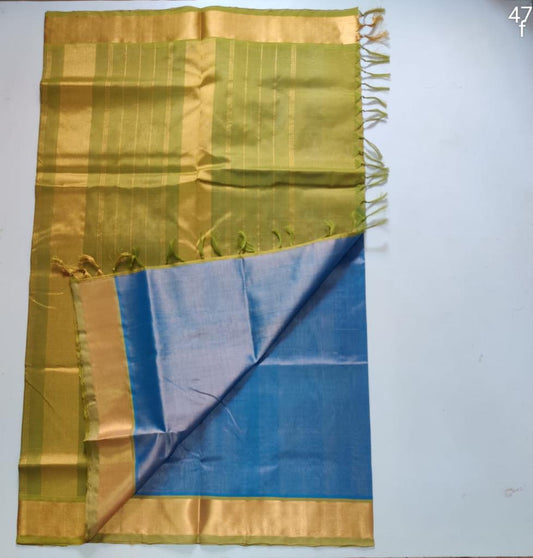 Handloom silk cotton Saree simple blue pallu with green