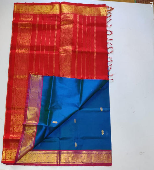 Handloom silk cotton Saree simple butti blue with red