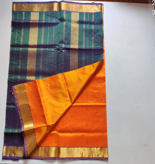 Handloom silk cotton Saree butti with orange with peacock simple