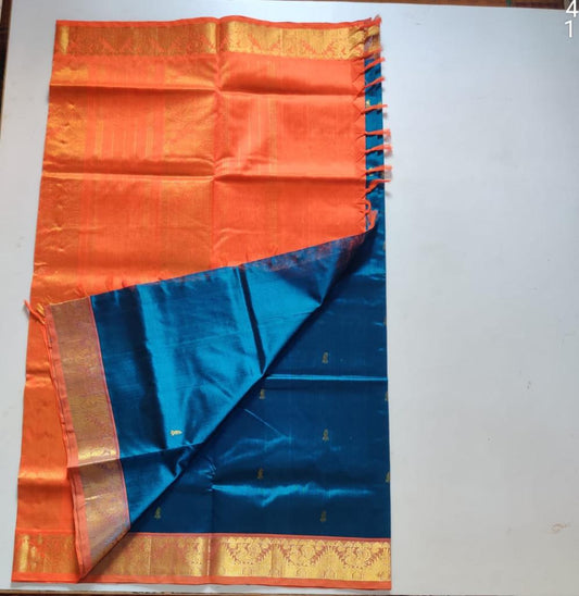 Handloom silk cotton Saree with butti blue with orange 