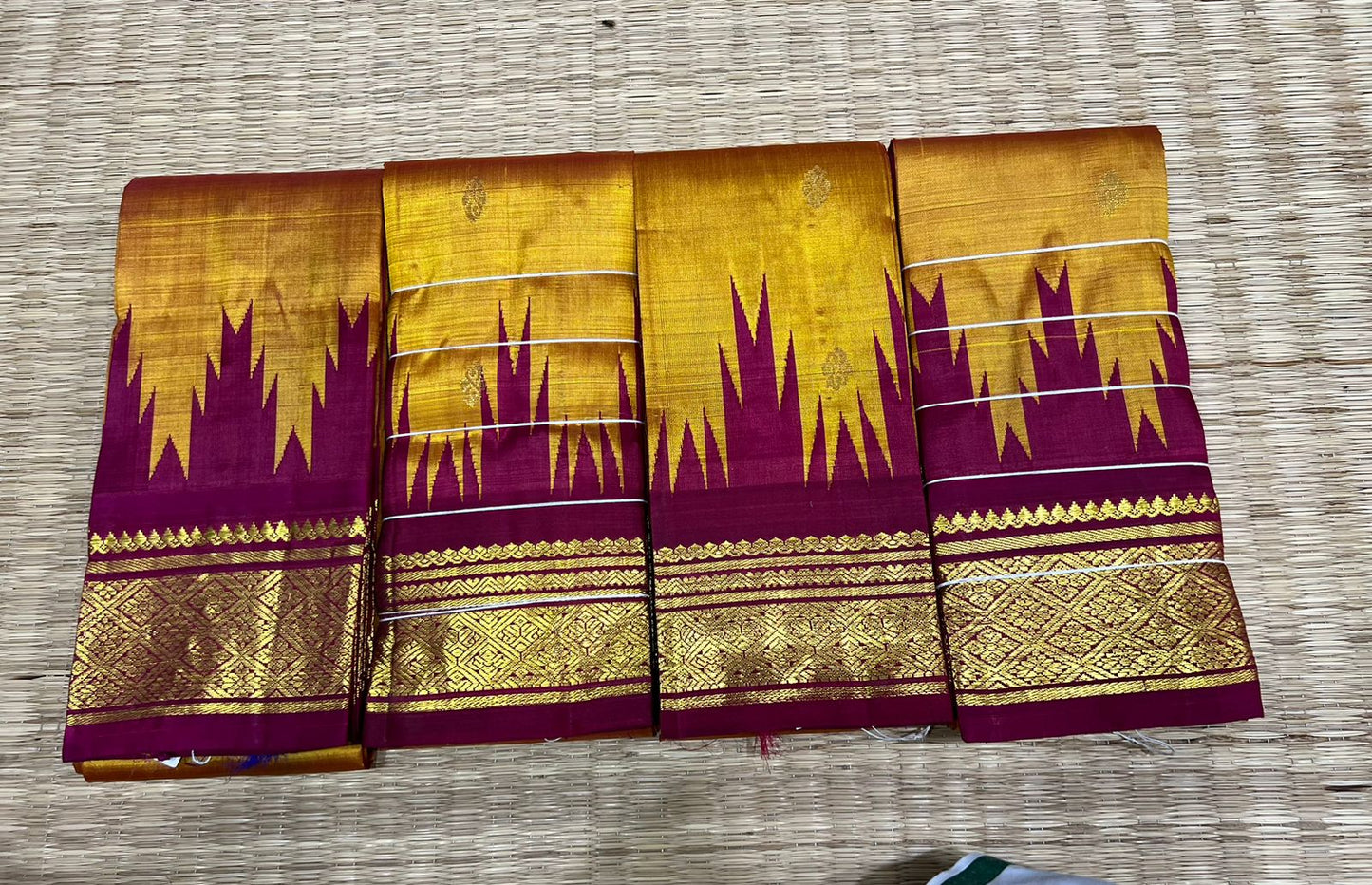 Korvai Handloom pure kanjivaram silk 6 yard mustard yellow with maroon kovi border