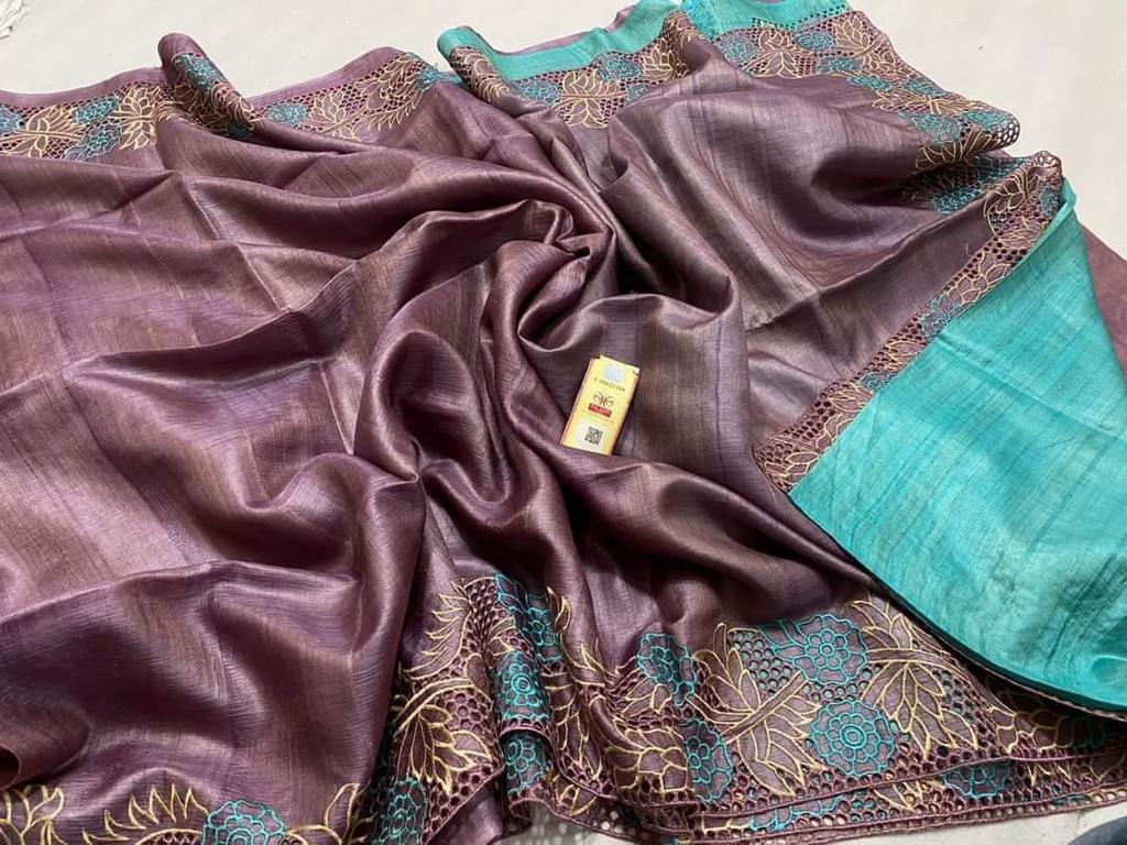 Tussar silk cut work embroidery saree in chocolate colour