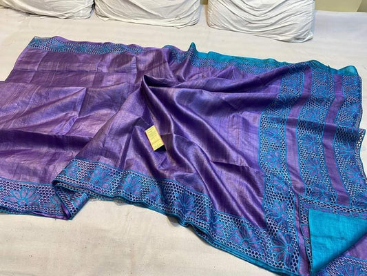 Tussar silk cut work embroidery saree in purple colour 