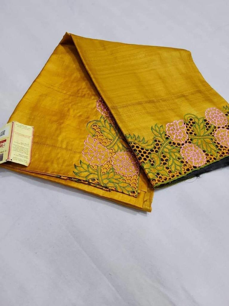 Tussar silk cut work Tussar silk cut work embroidery saree in turmeric yellow colour saree in turmeric yellow colour