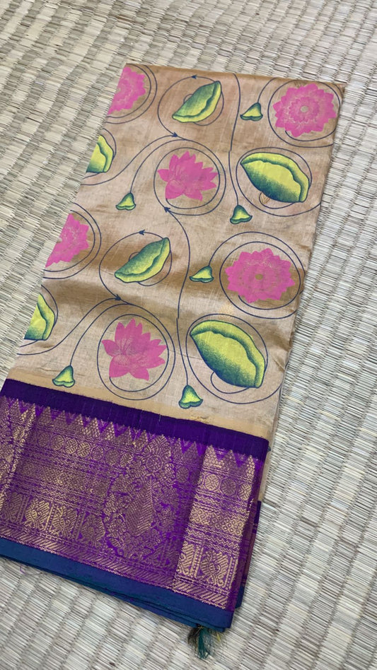 Korvai handloom silk cotton Saree in purple colour with pink.roses printed 