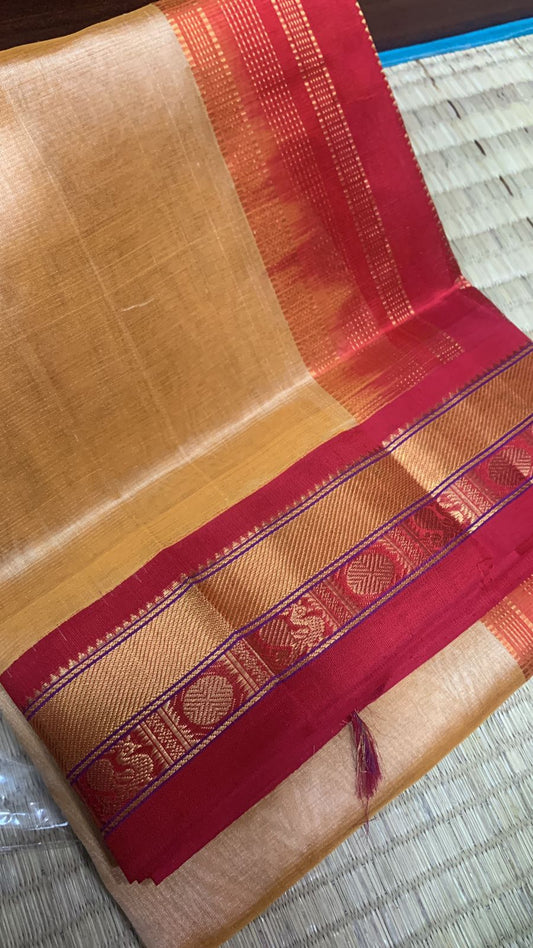 handloom silk cotton Saree bright cream with red border in silk cotton, round butta in vairaoosi korvai border