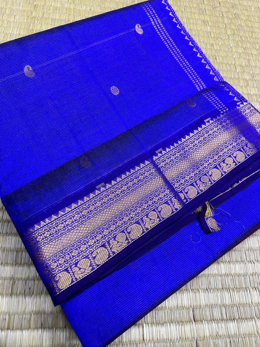 handloom silk cotton Saree bright blue border in silk cotton, round butta in vairaoosi