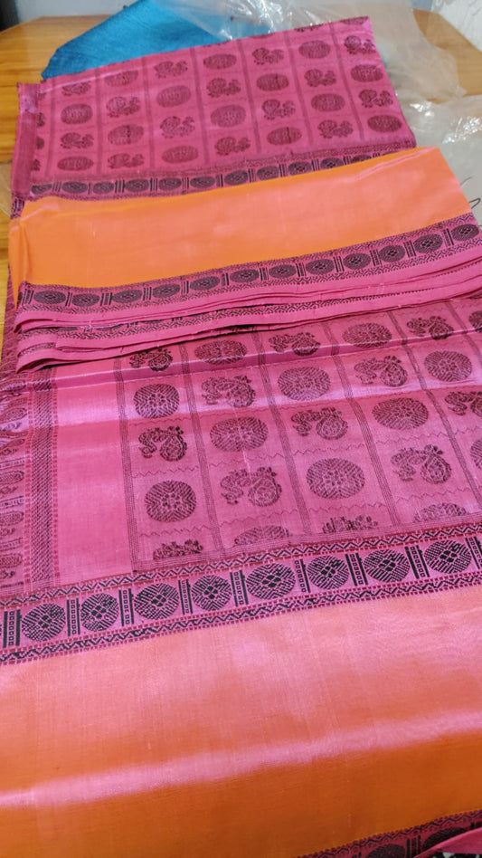 handloom silk cotton Saree in peach with black thread 1000 butta rettaipet border