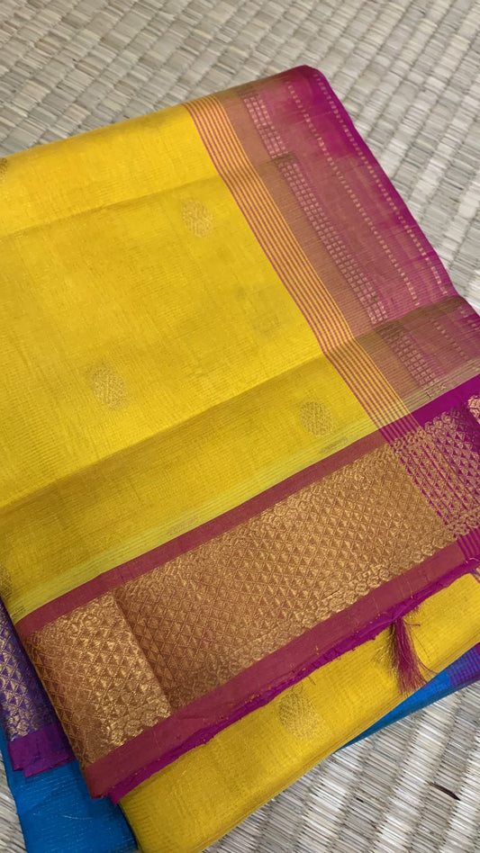 handloom silk cotton Saree yellow with pink border vairaoosi with butti