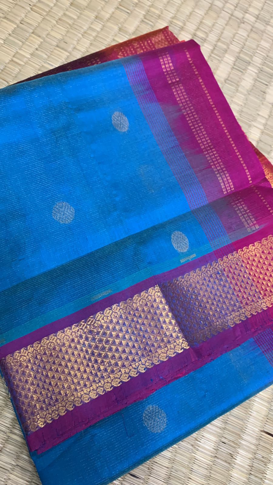 handloom silk cotton Saree blue with pink border vairaoosi with butti