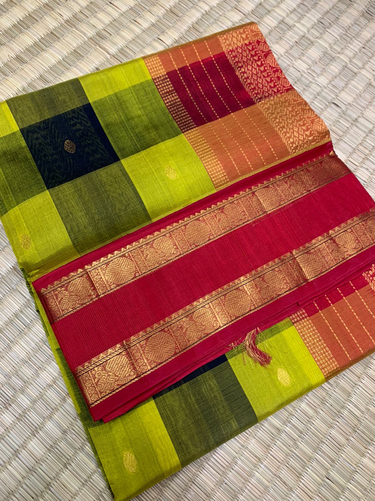 handloom silk cotton Saree multiple colours with red border in silk cotton, round butta in korvai border big kattm