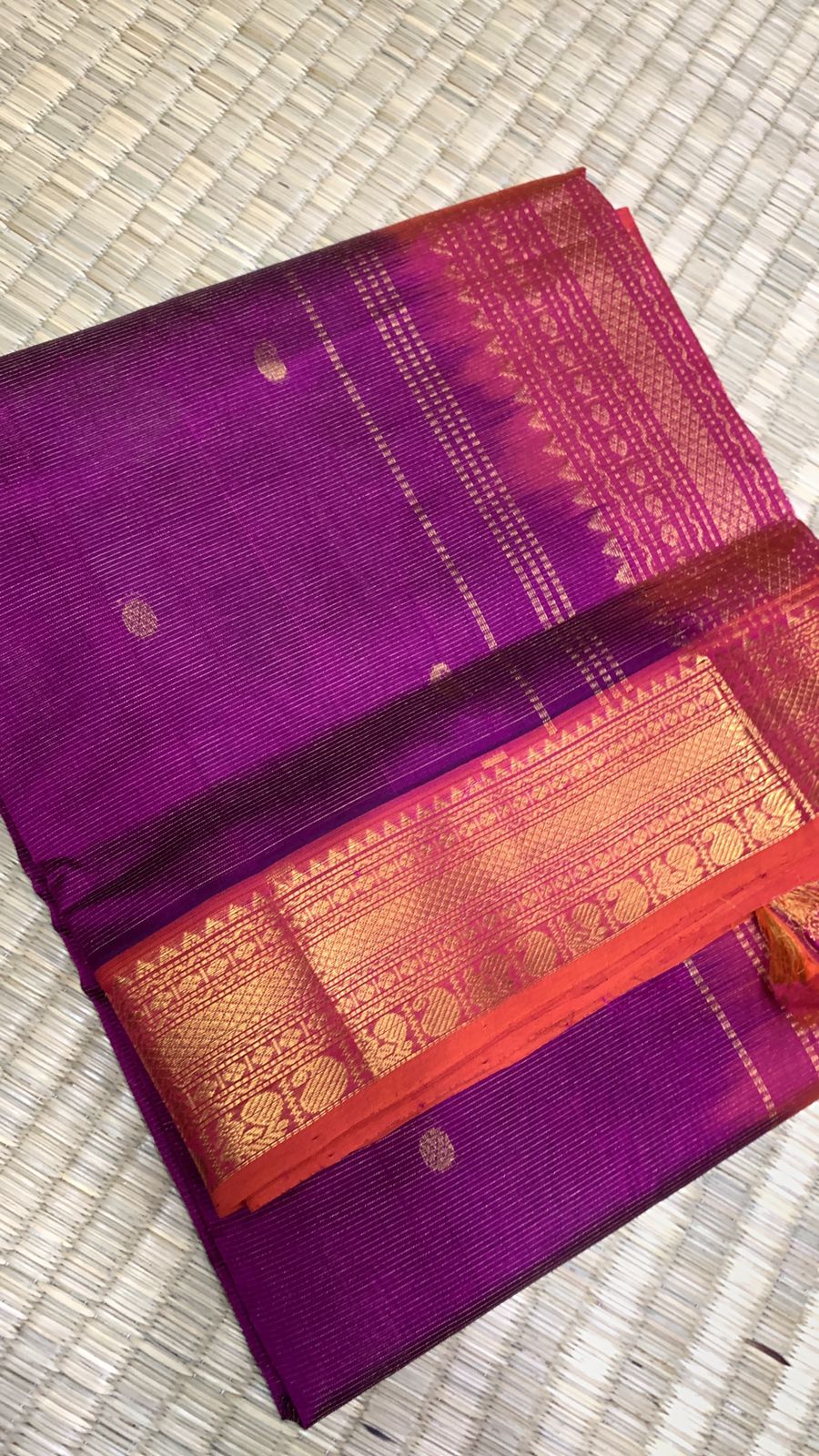 handloom silk cotton Saree purple with orange border vairaoosi with butti