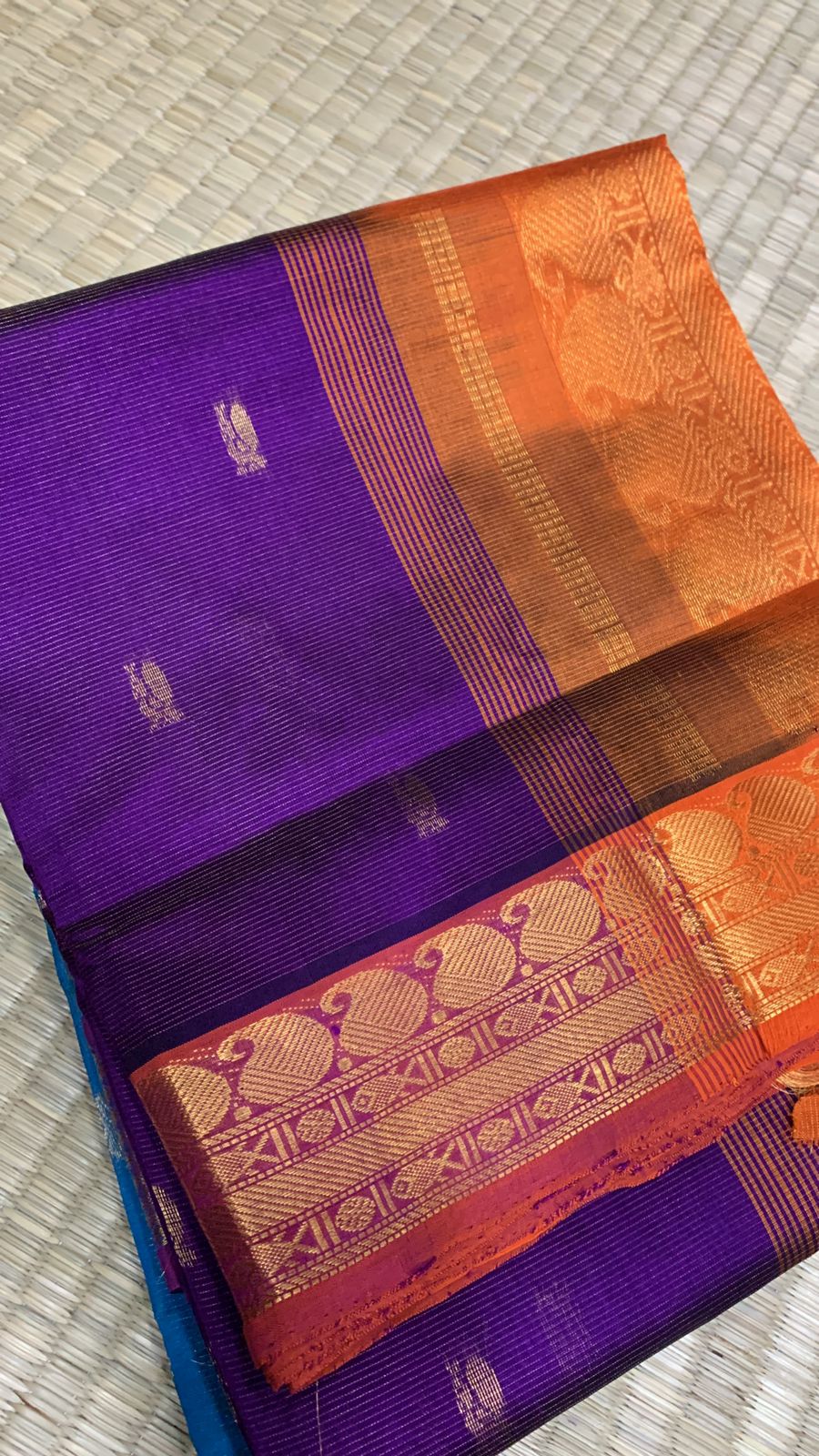 handloom silk cotton Saree purple and orange border border vairaoosi with butti