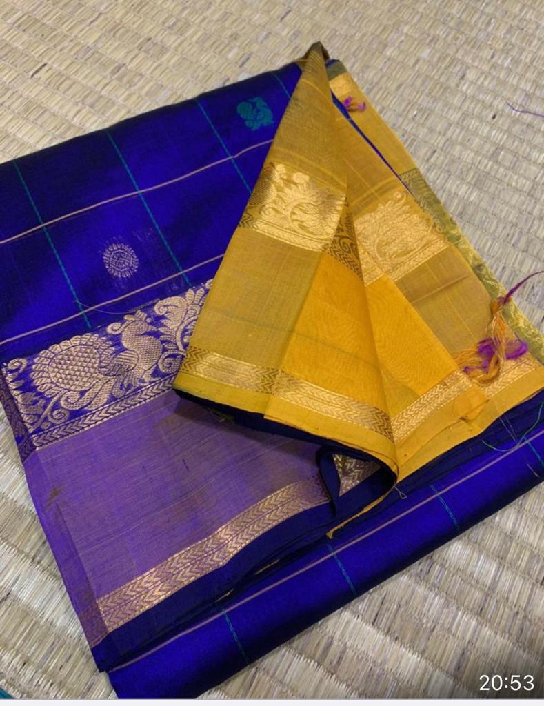 handloom silk cotton Saree  yellow with blue saree  with rettaipet border