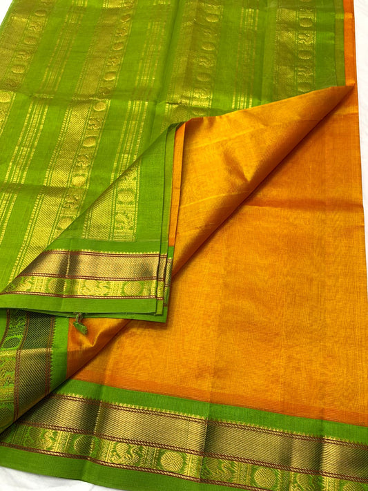 handloom korvai silk cotton Saree flushing green with orange saree  vairaoosi