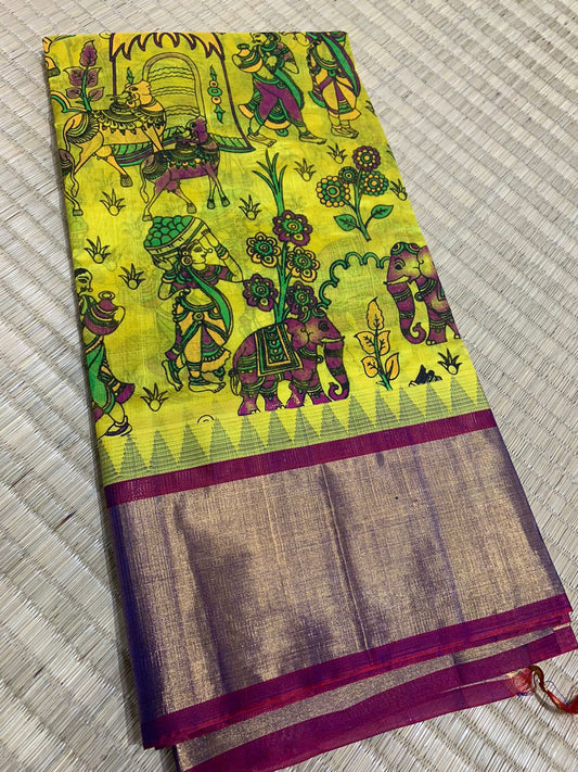 Korvai handloom silk cotton Saree in purple colour with green story on block prints