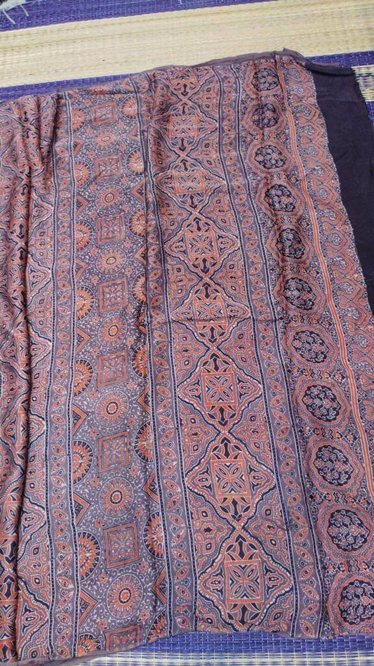 Ajrakh block printed saree in pure modal silk with navy with maroon in nice block printed