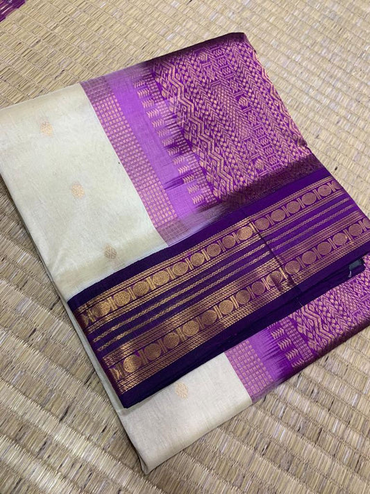 Korvai handloom silk cotton Saree in milk white with violet rettaipet border