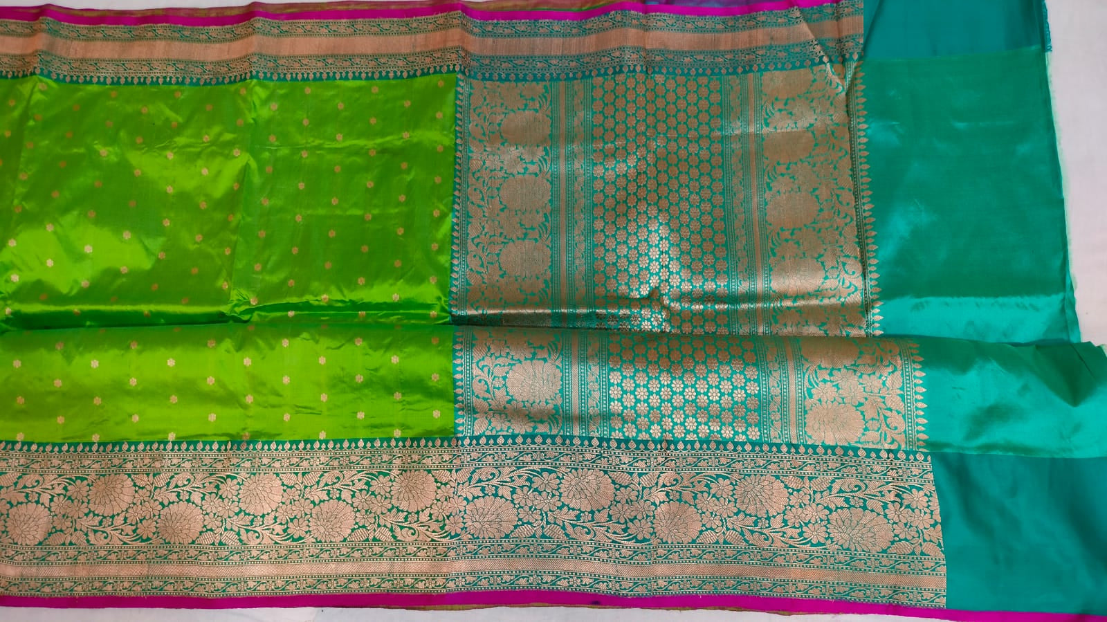  Beautiful tussar Banaras Kaduva butta  saree in apple green and leaf greem