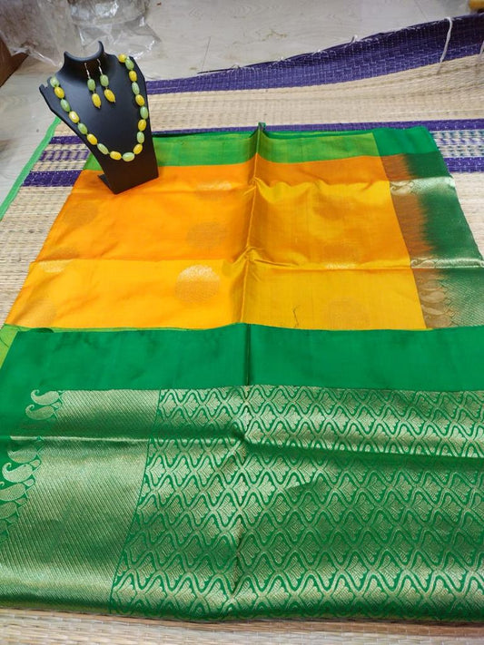 kanjivaram saree with in mango yellow with green