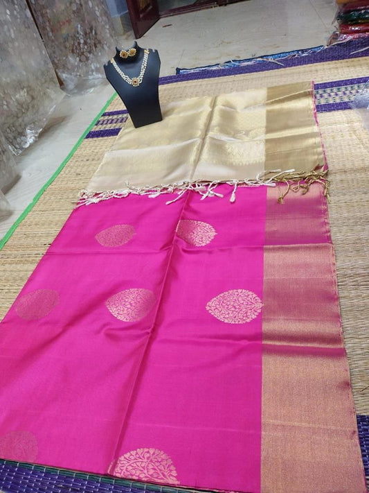 kanjivaram saree with in cream with pink