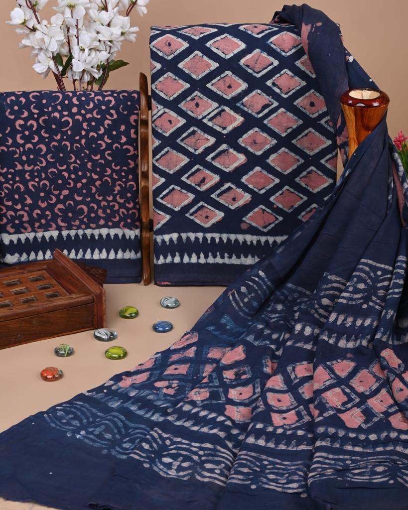 Block Printed Salwar cotton material in dark navy with pink block blocks