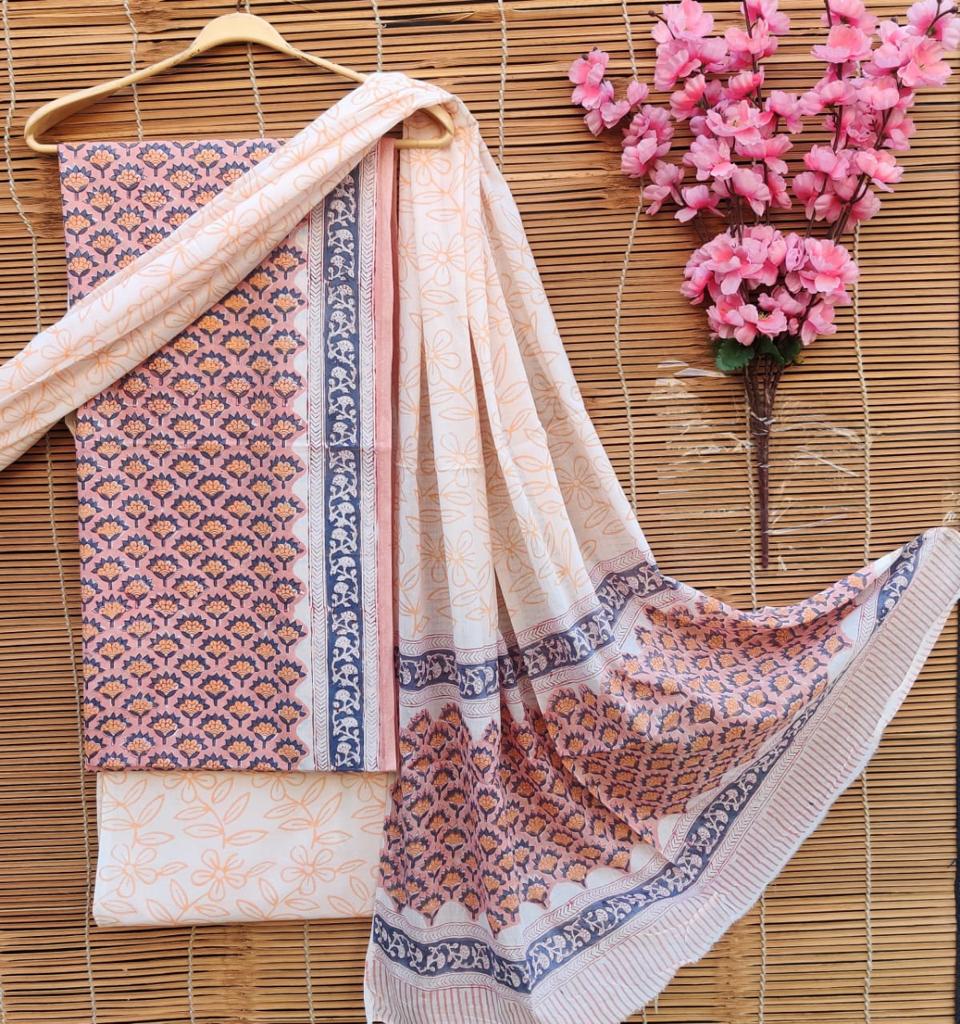 Block Printed Salwar cotton material in light pink with flower blocks