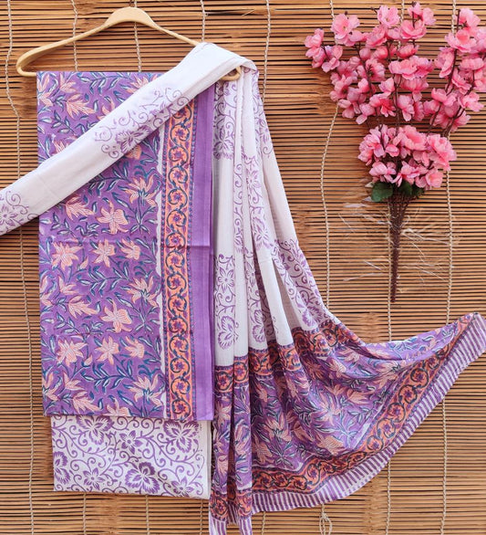 Block Printed Salwar cotton material in lavender with flower blocks