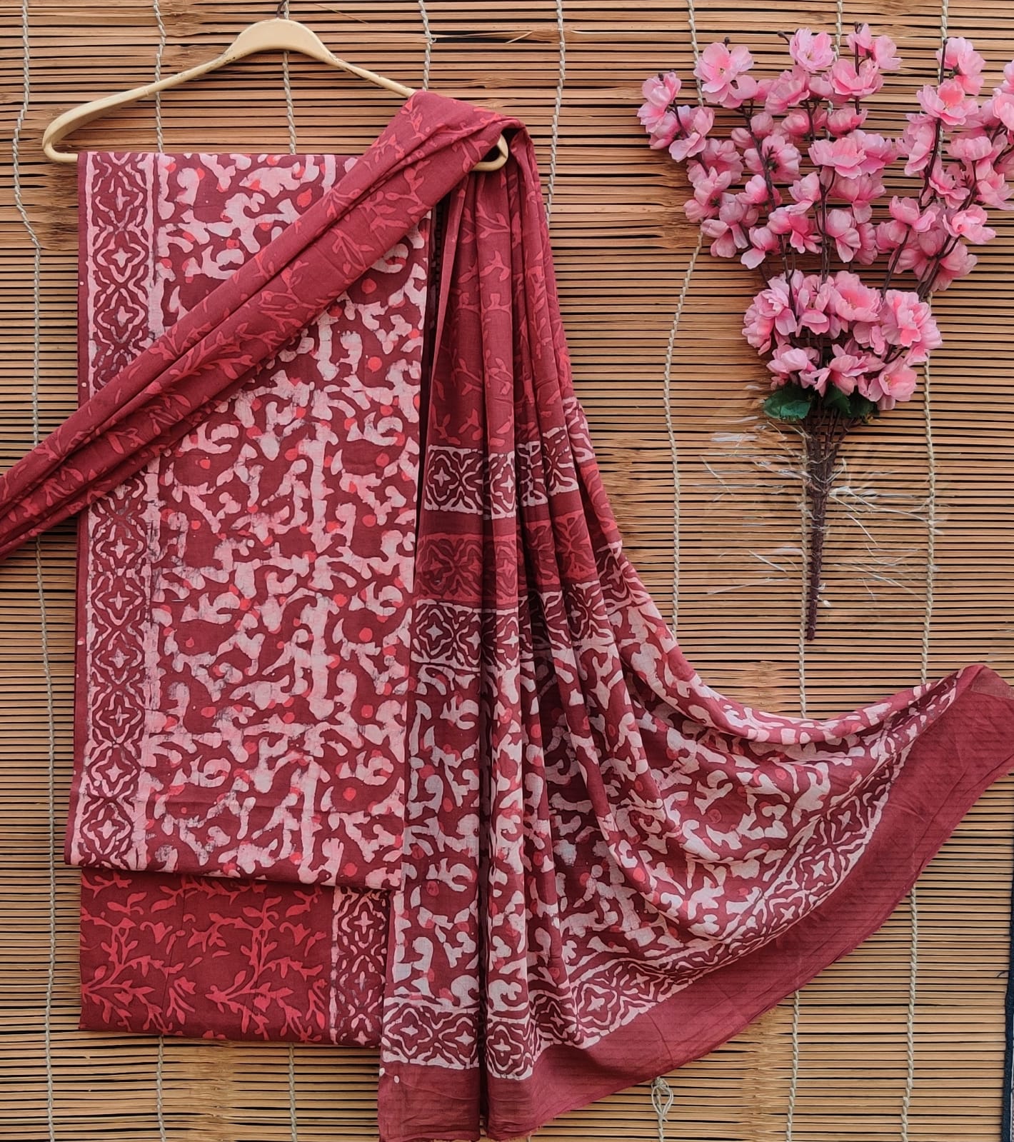 Block Printed Salwar cotton material in marron with flower blocks