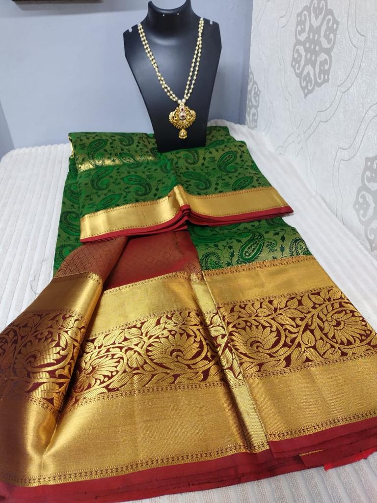 Handloom pure kanjivaram silk leaf green bridal silk saree