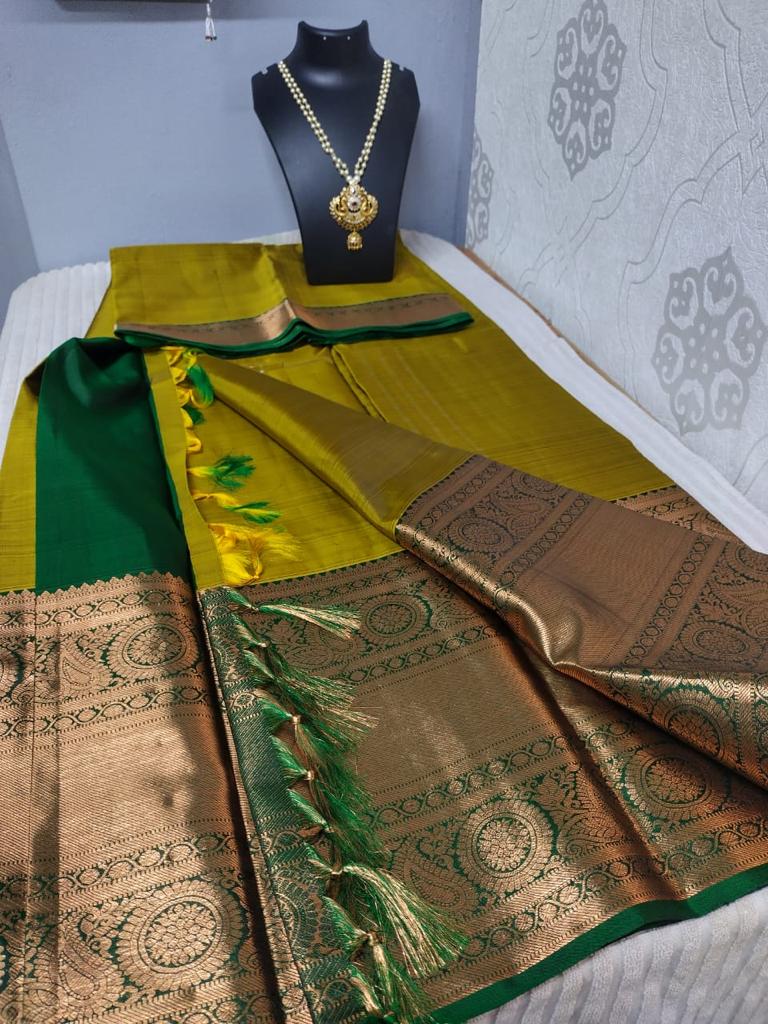 Handloom pure kanjivaram silk meganthi green bridal green