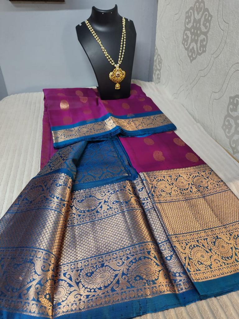 Pure Kanjvaram border gadwal silk saree in purple with blue body