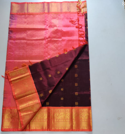 silk cotton Saree brown body with peach border in korvai