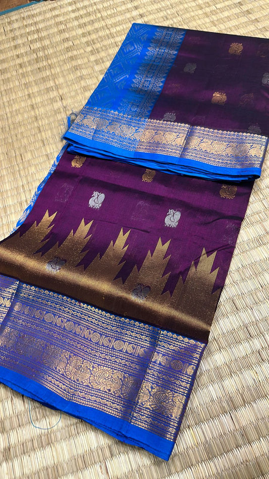 Korvai silk cotton Saree in dark purple with kovi border