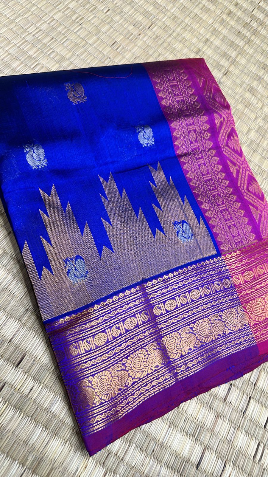 Korvai silk cotton Saree in royal blue with purple with kovi border