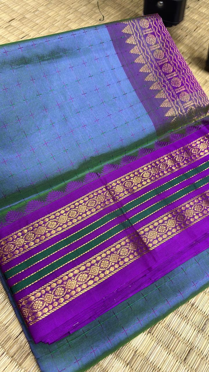 Korvai silk cotton Saree in purple blue with butti with kovi border