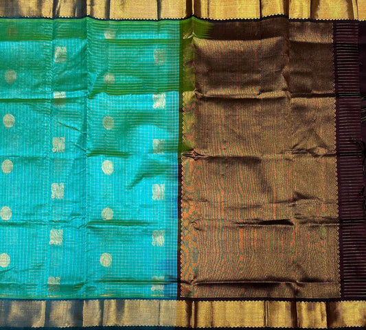 Korvai silk cotton Saree in rama blue with check pattern with kovi border