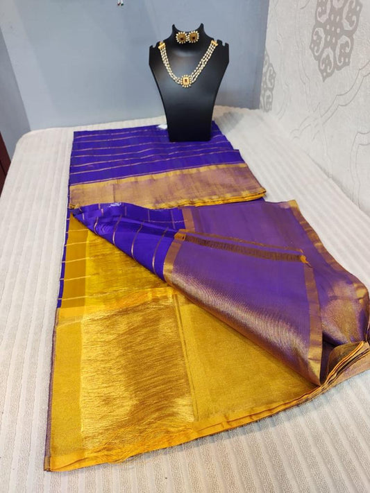 Uppada silk saree in royal blue with yellow allover check in golden jari