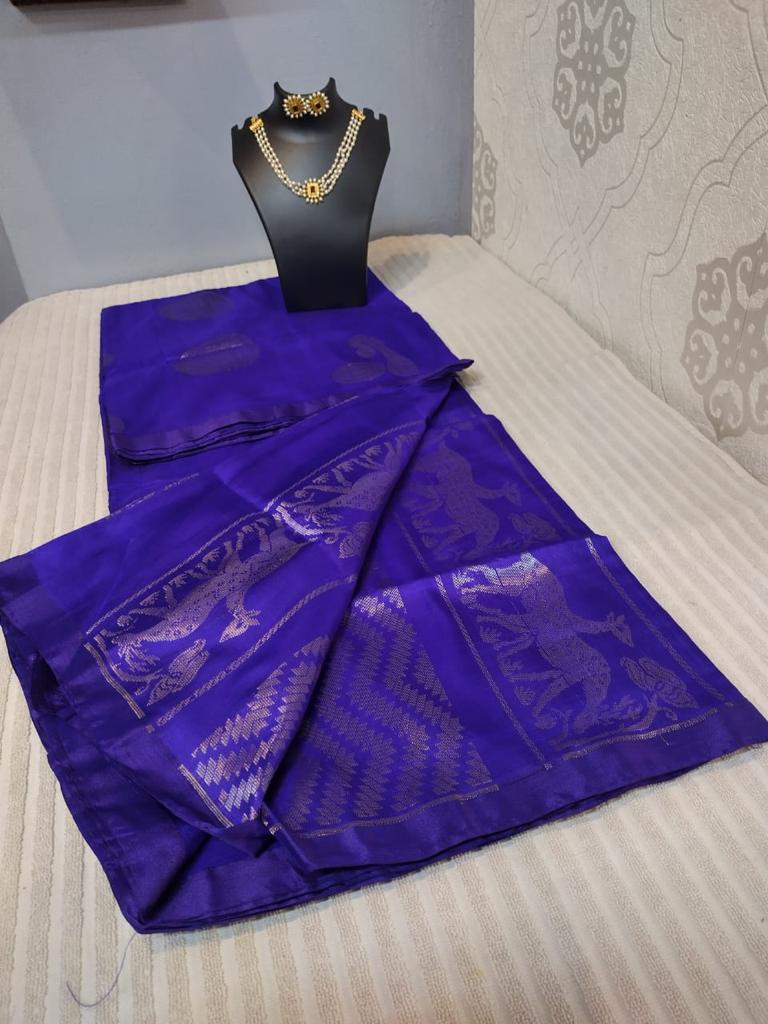 Uppada silk saree in royal blue allover animal motors in silver jari