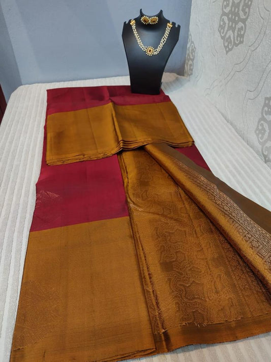 Kanjivaram softsilk saree in honey with maroon color with copper butties