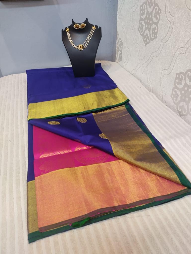 Kanjivaram softsilk saree in navy with pink double warp