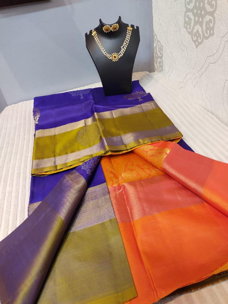 Kanjivaram softsilk saree in purple with orange double warp