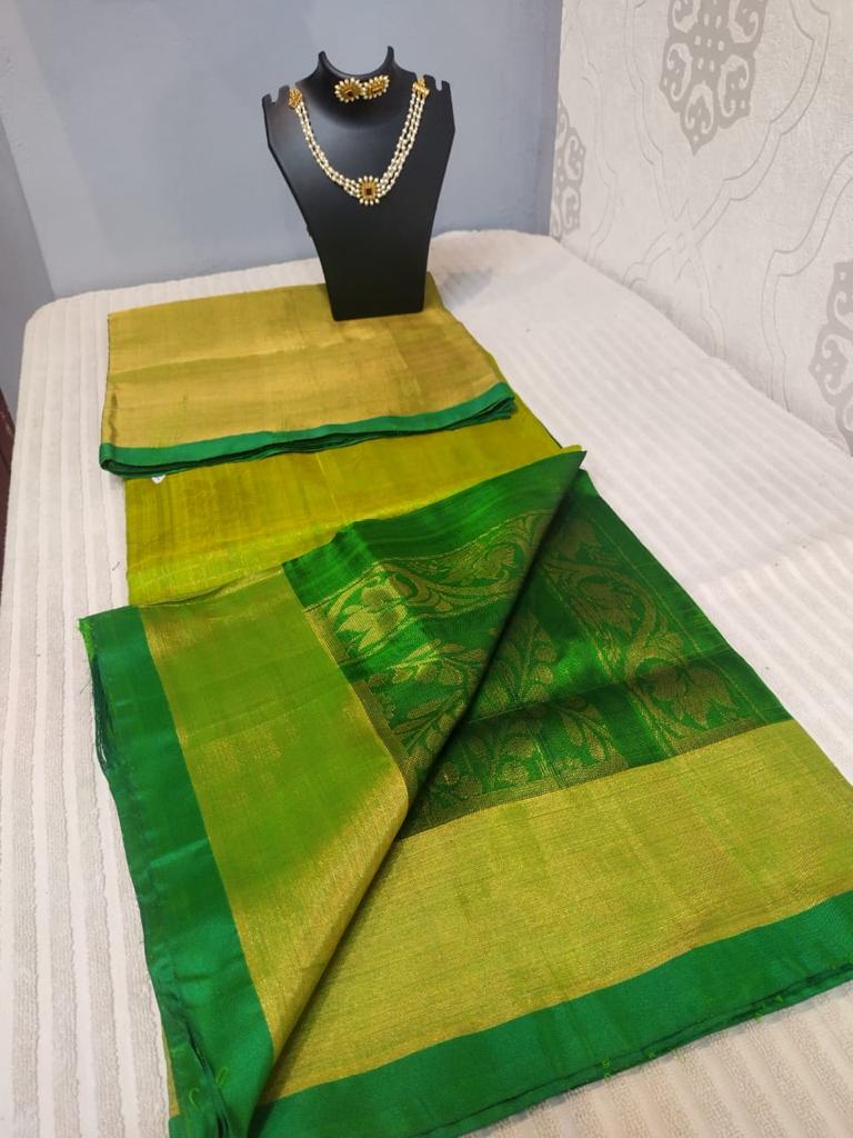 Uppada silk saree in light and dark green shades all over jall