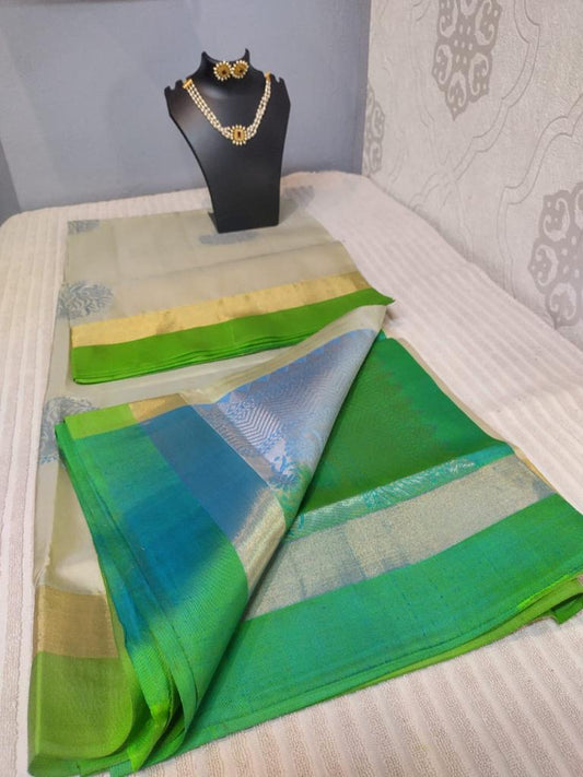 Kanjivaram softsilk saree in cream with greendouble warp