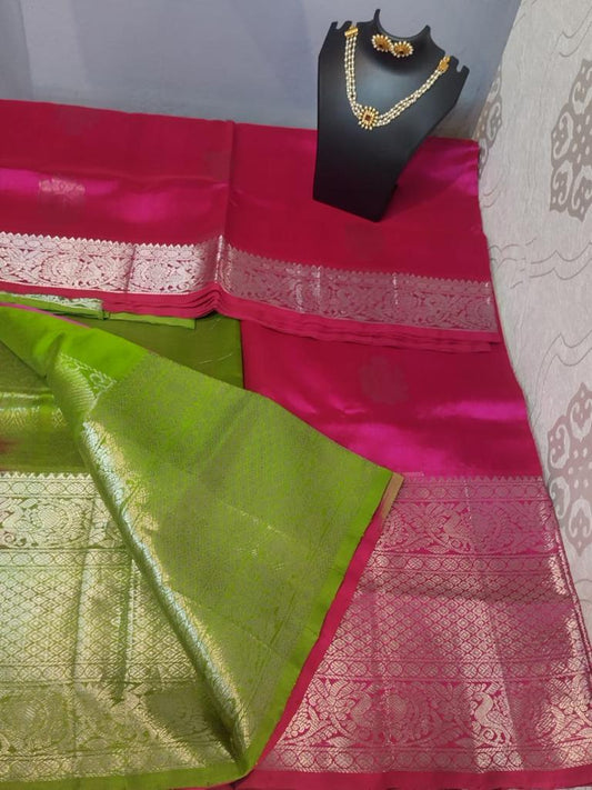 Handloom silk cotton Saree green with pink long border