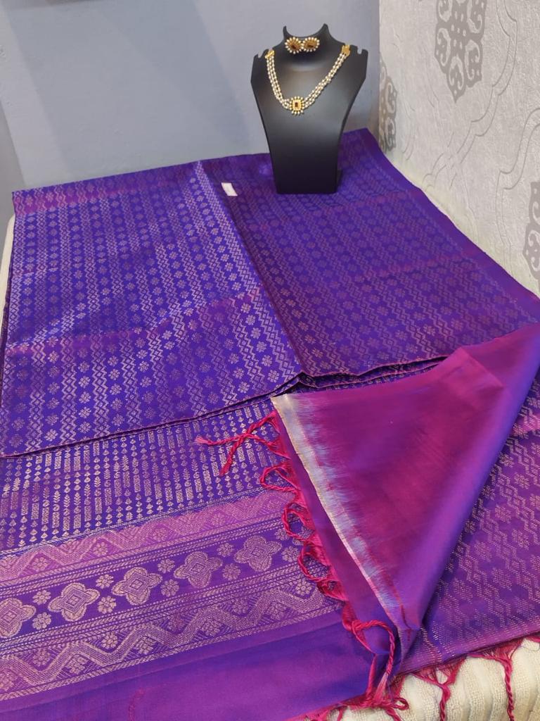 Kanjivaram softsilk saree in handoven purple color all over jari